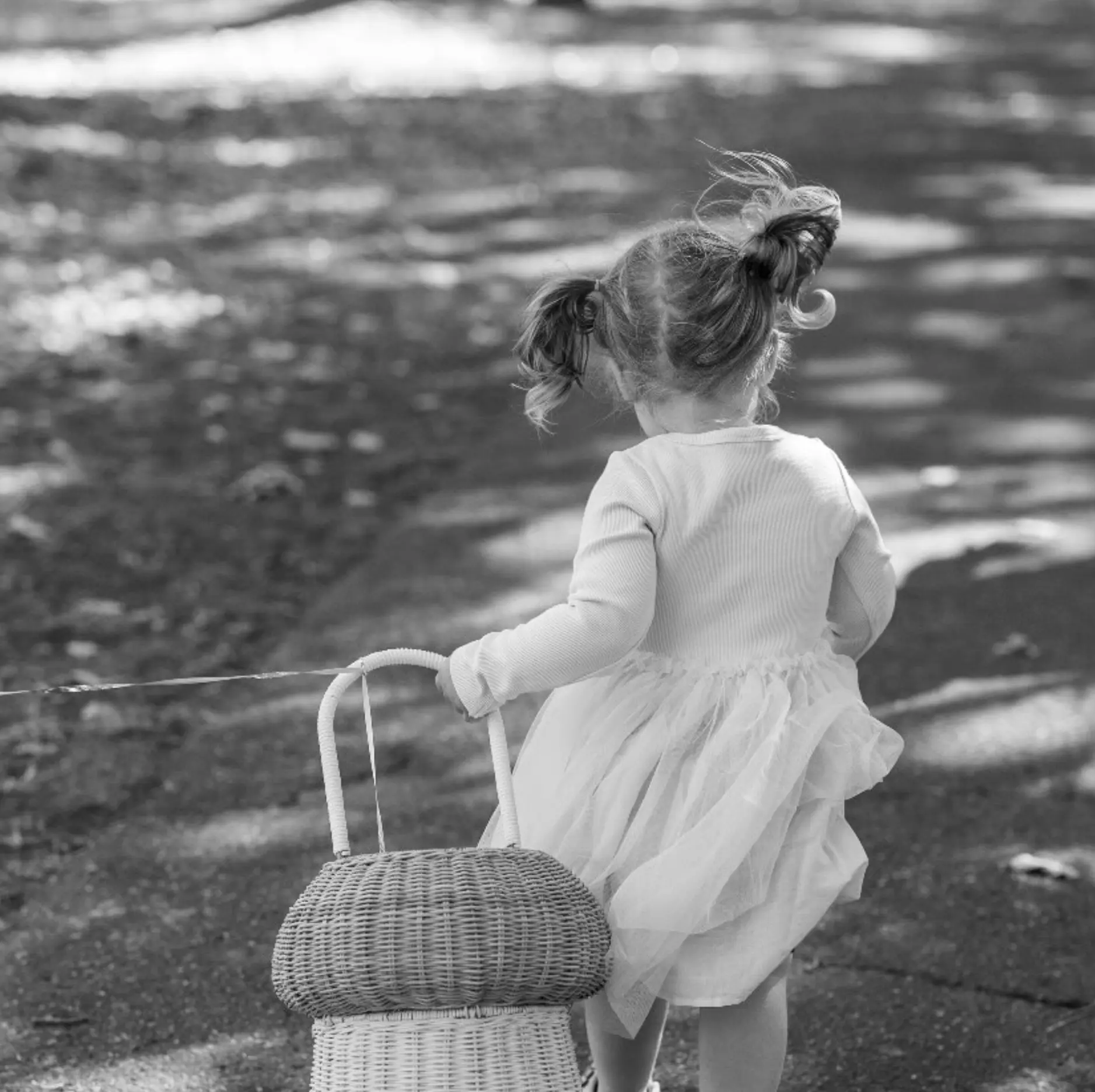Young girl in a tulle dress pulling a cane basket along a path, black and white